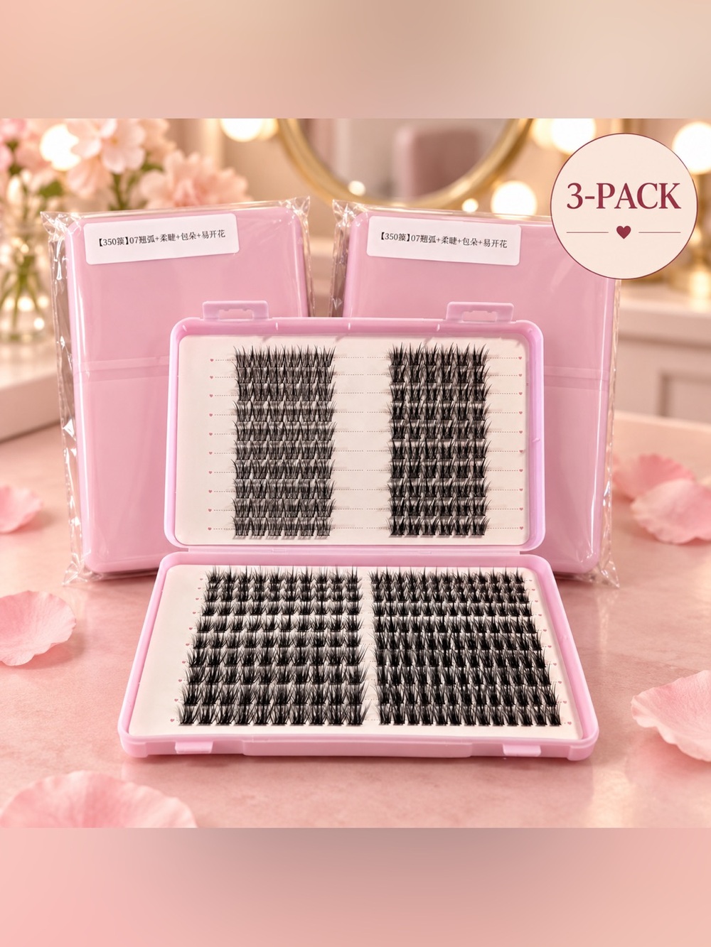 3-Pack Individual Cluster Lashes 350 Count Pink Cases